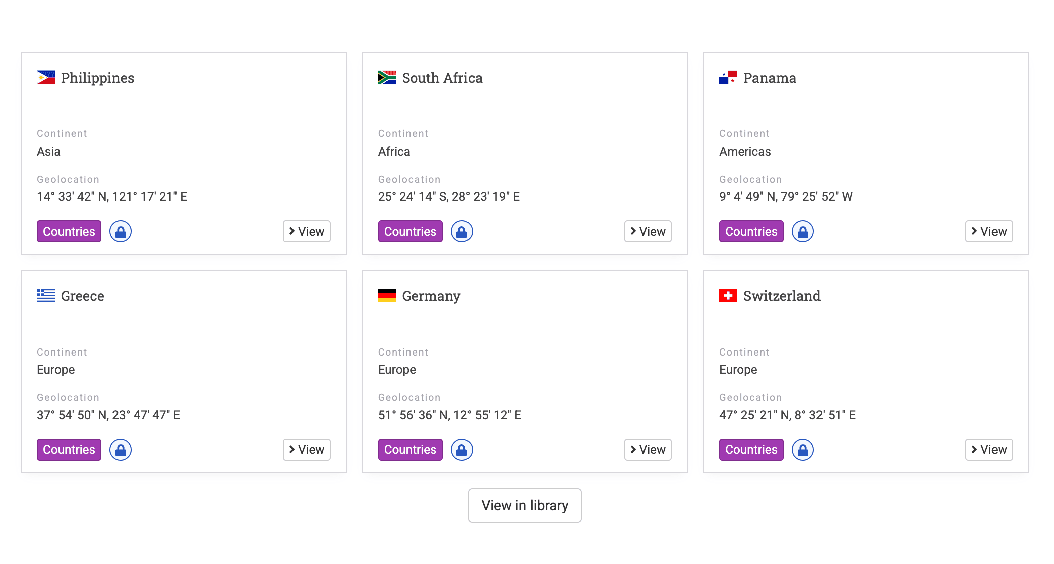 A list of entity cards linking to entities in the library.