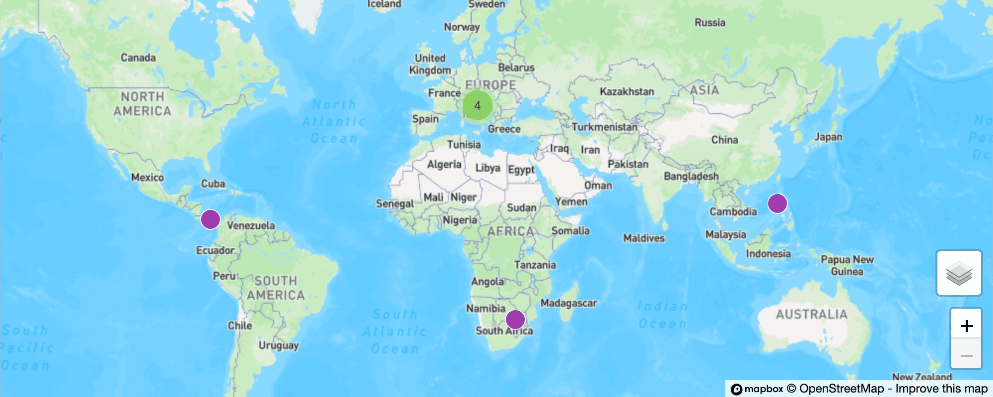 A map with clustered markers for entities that have coordinates.